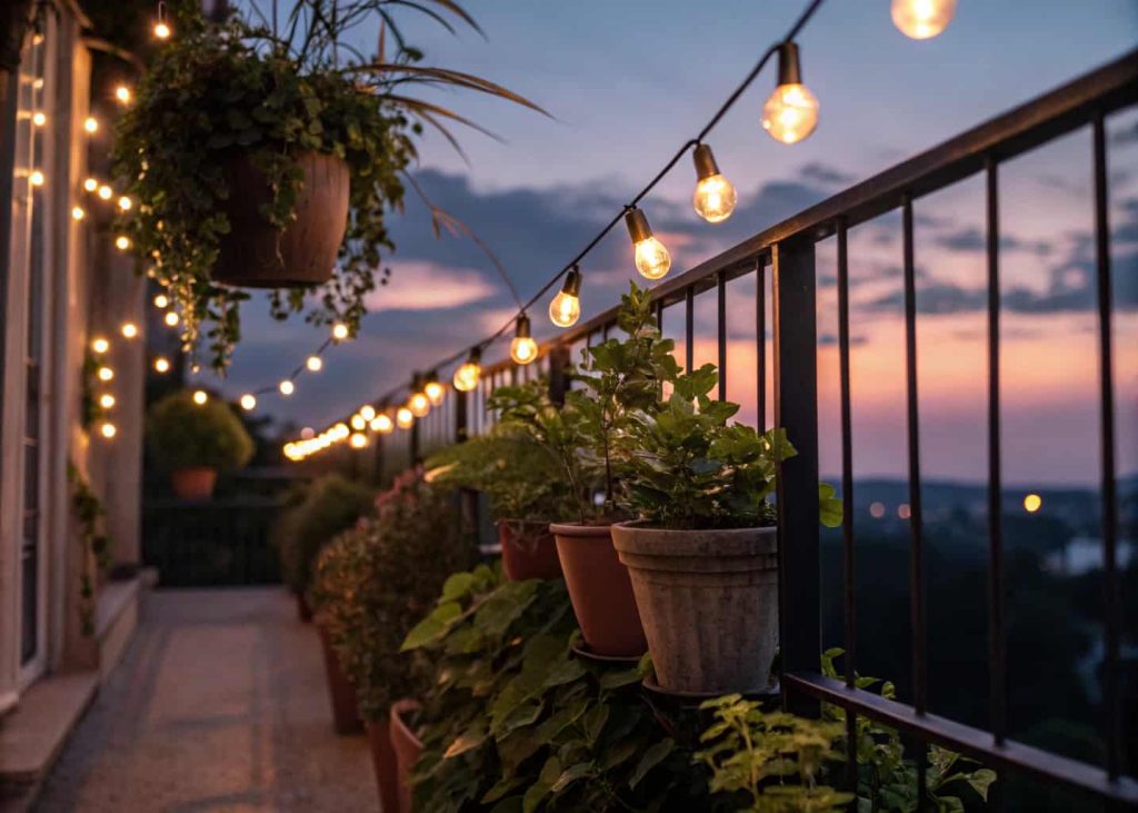 String lights on balcony railing with potted plants at dusk for small garden ambiance
