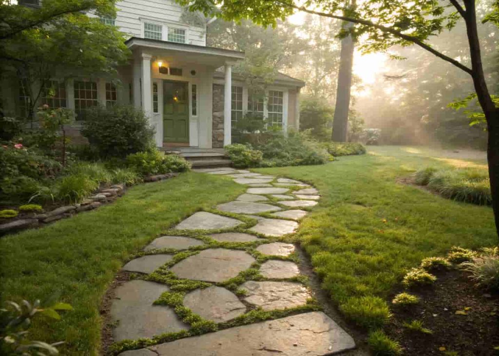 Natural flagstone stepping stone path through green garden leading to front door