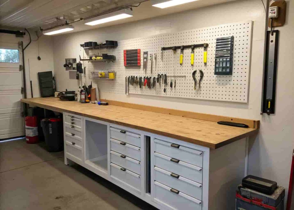 Organized garage workbench with pegboard tool wall, hanging tools, and built-in storage drawers