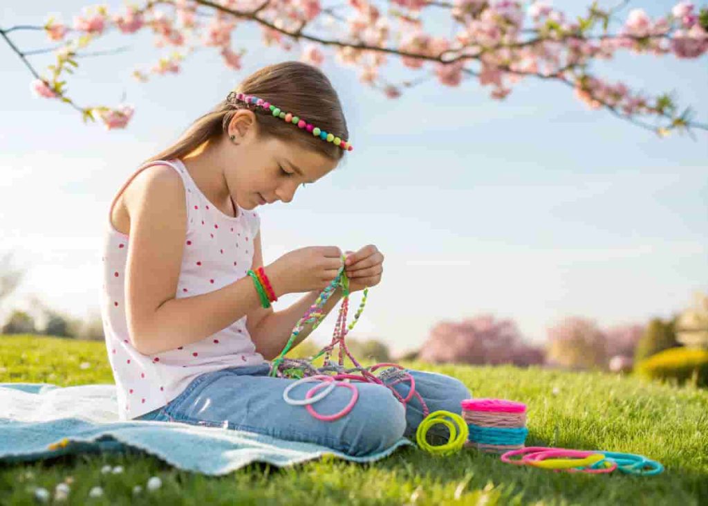 Young girl making friendship bracelets outdoors with colorful thread as a summer craft activity