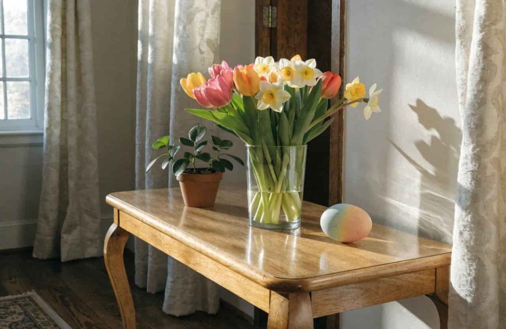 Spring console table decorating with fresh flowers