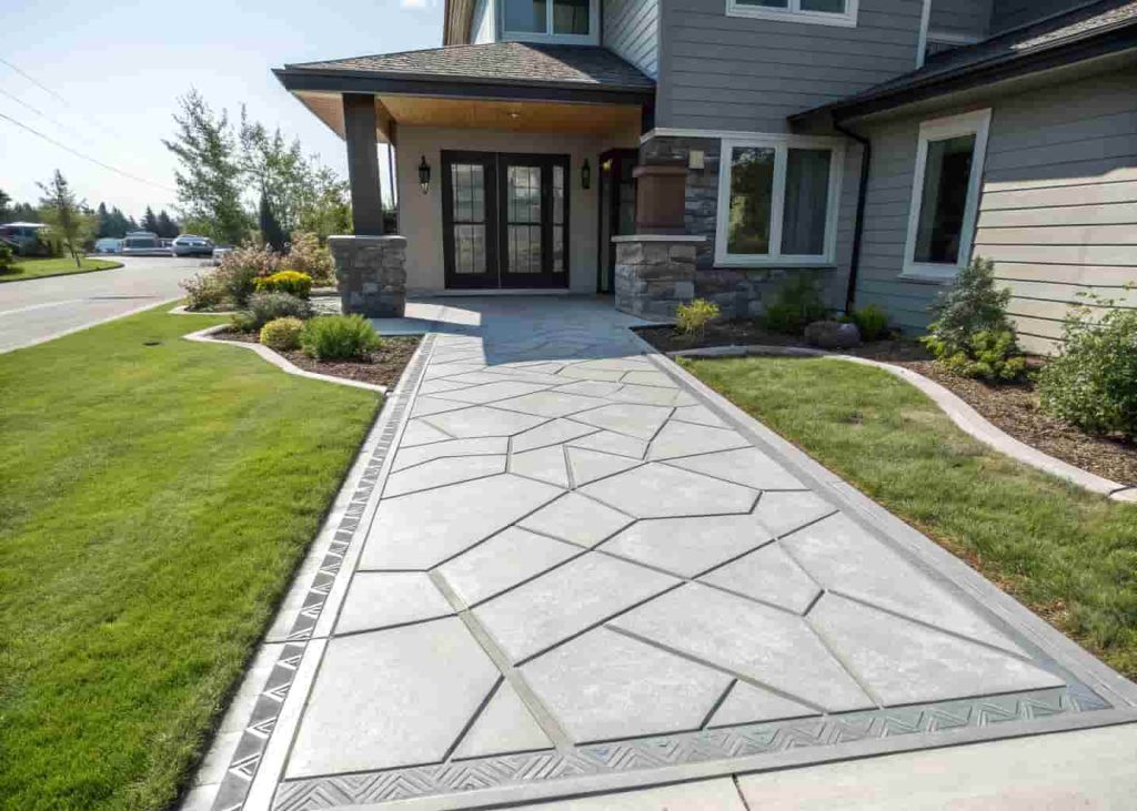 Decorative scored concrete walkway with geometric pattern leading to modern home front door