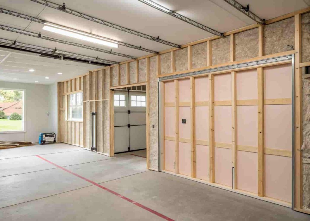Garage wall framing with pink insulation batts installed between studs during renovation