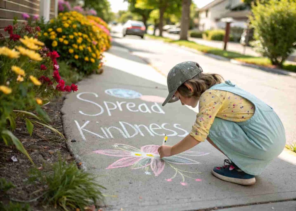 Child writing a chalk encouragement message on a sidewalk as part of a summer kindness challenge
