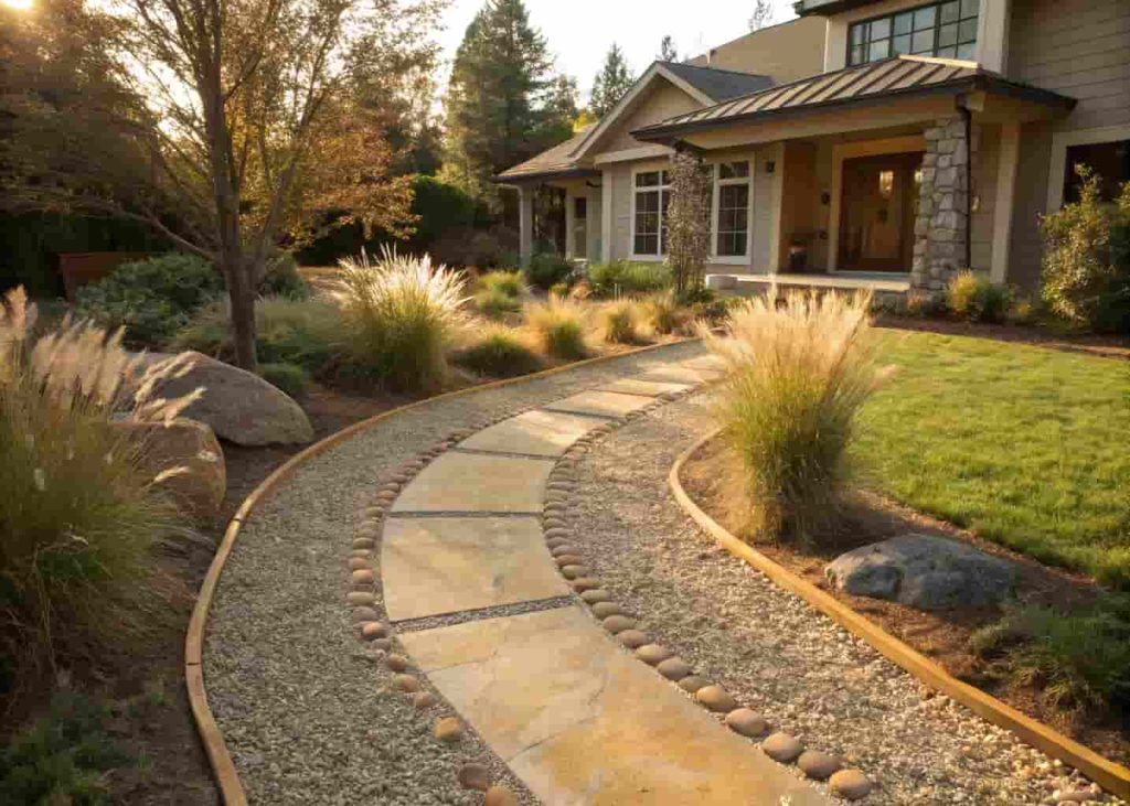 Gravel front yard walkway with stone borders and ornamental grasses leading to home entrance