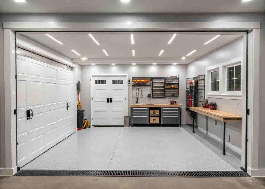 Finished garage interior with white painted drywall walls, clean trim, and bright overhead lighting