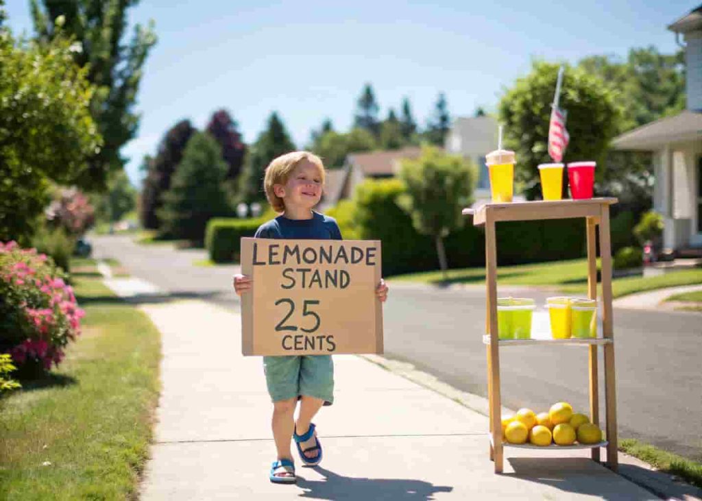 Young boy running a lemonade stand on a sunny suburban street during summer with a handmade sign