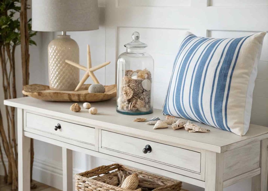 Summer beach-inspired console table decorating with shells and driftwood