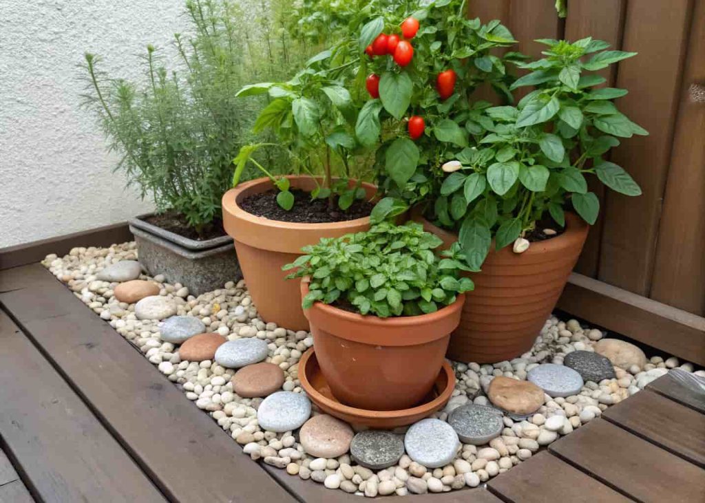 Small themed pizza garden with basil, oregano, and tomato plants in pots