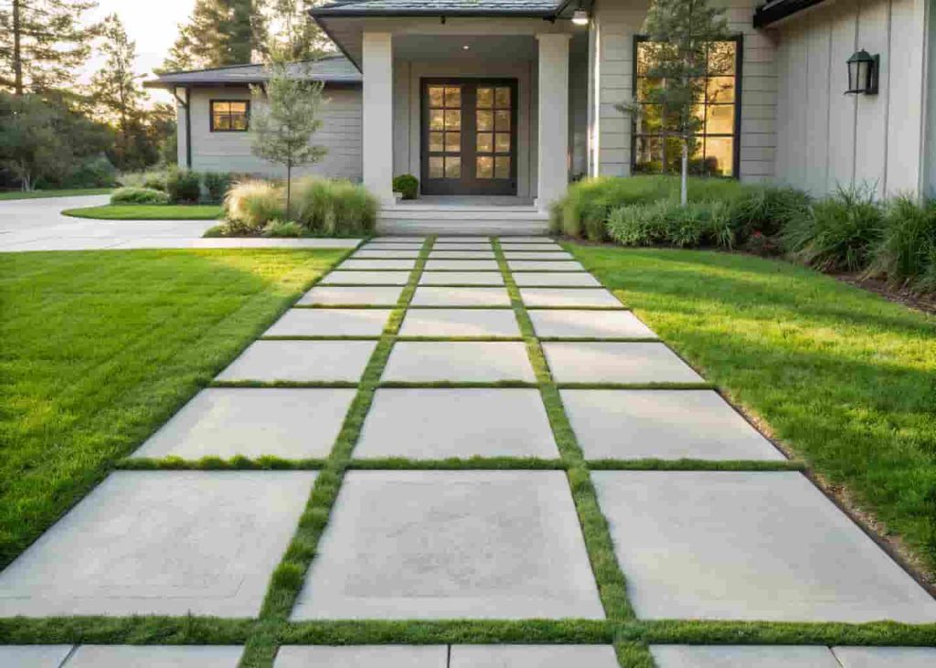 Wide concrete pavers with green grass joints as modern front yard walkway to front door