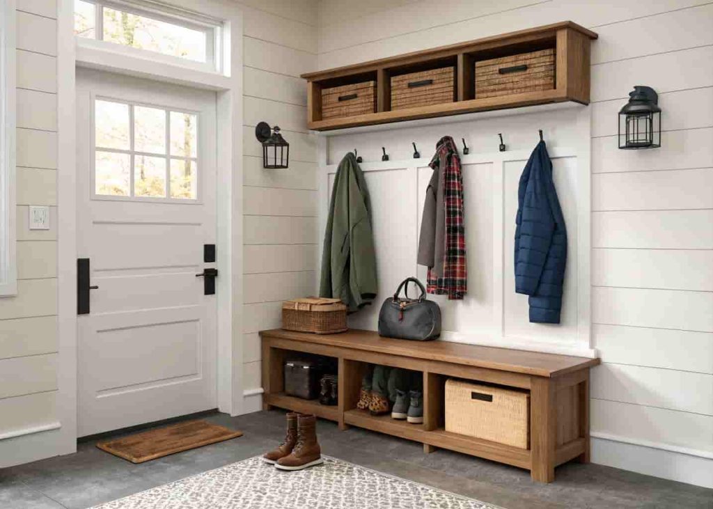 Garage mudroom zone with wooden bench, wall hooks for coats, and shoe storage near the interior entry door