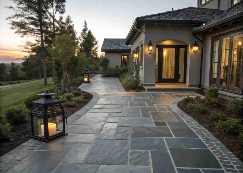 Slate tile walkway in charcoal tones with black lantern lights leading to front door