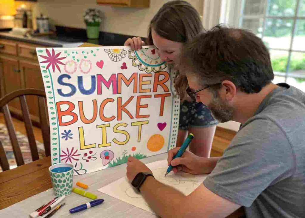 Parent and child creating a colorful summer bucket list poster together at a kitchen table
