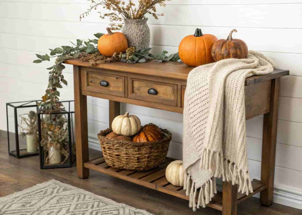 Cozy fall console table decorating with pumpkins and natural elements