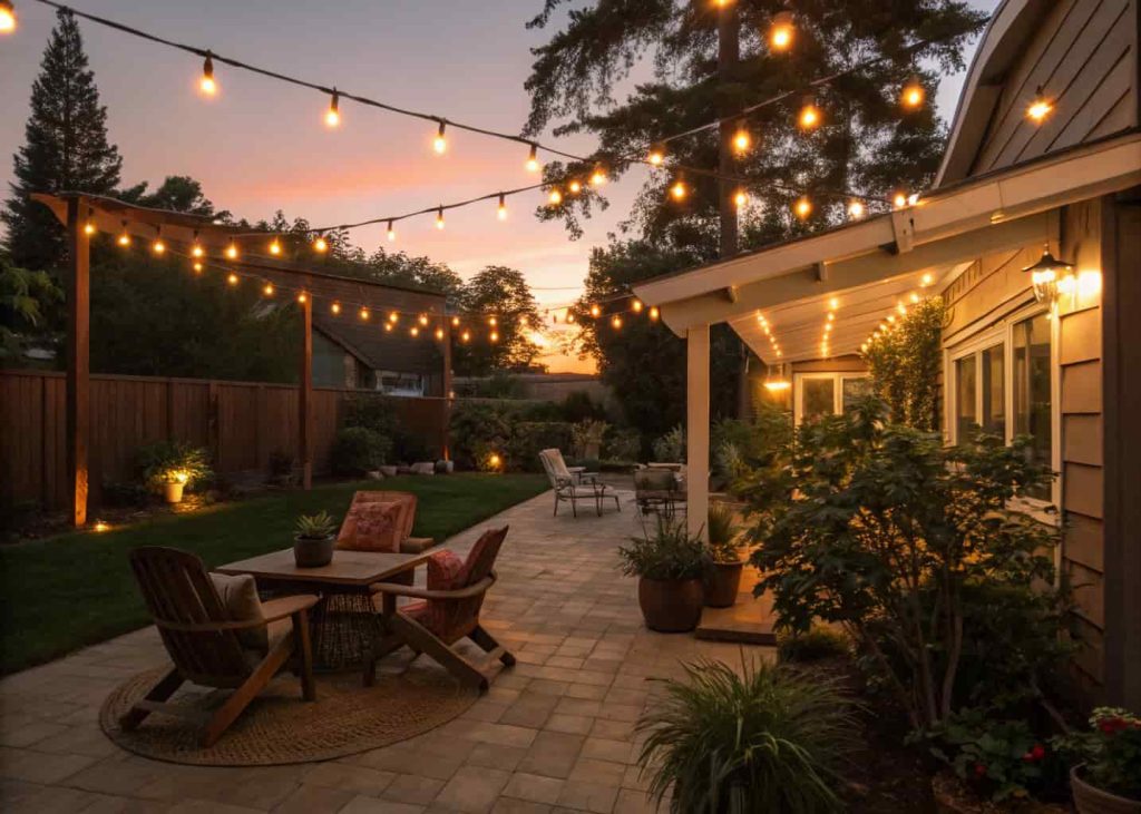 Patio decorated with warm string lights for cozy evening garden decor.