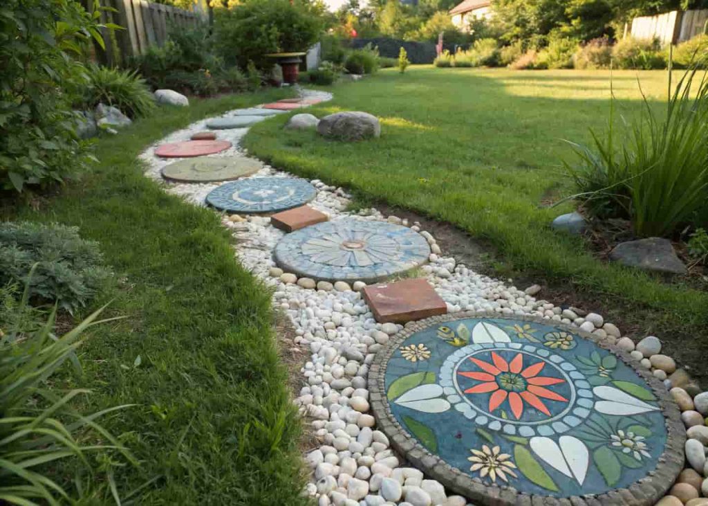 Colorful mosaic stepping stone path in a green backyard garden with pebbles and grass