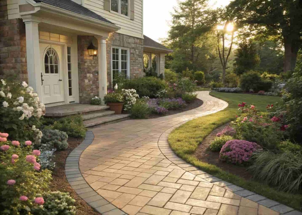 Curved paver front yard walkway lined with colorful flowers leading to home front door