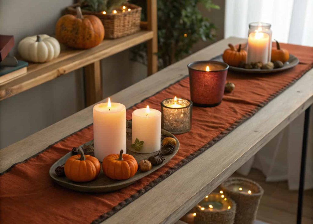 Warm fall color palette console table with candles