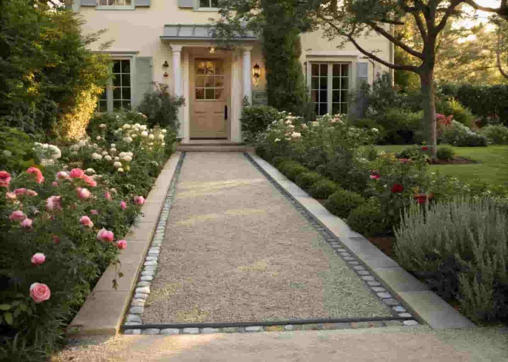 Pea gravel front walkway with metal border edging and flowering plants on either side