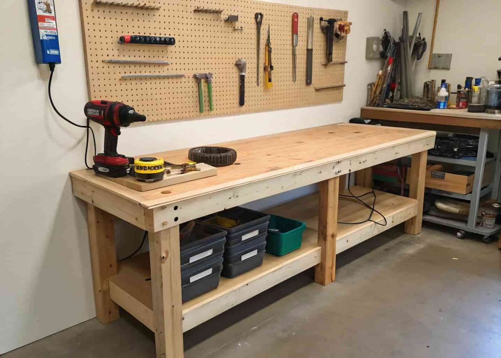 Wooden garage workbench with tools on pegboard wall above and a mounted vice grip on the corner