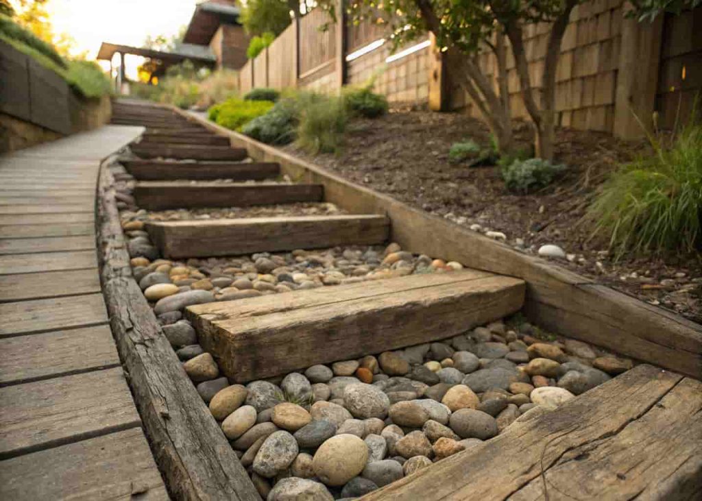 Wooden sleeper steps with river pebble fill on a sloped side yard walkway