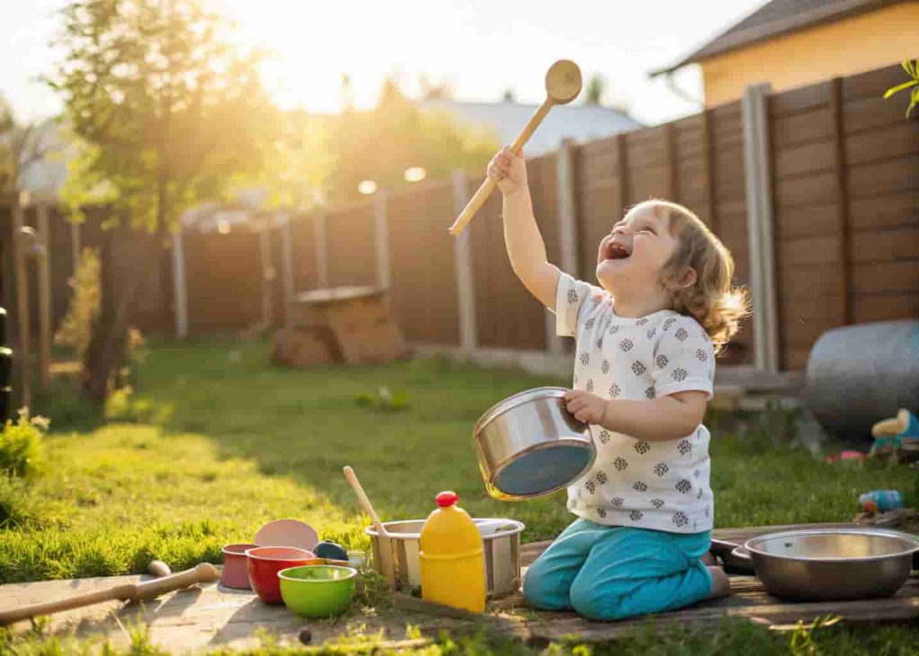 Preschooler playing homemade rhythm instruments outdoors as summer creative music activity