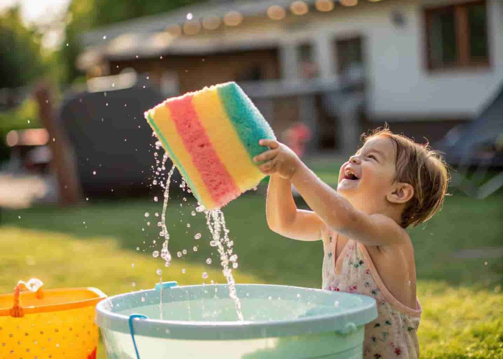 Preschooler doing sponge water transfer activity as summer fine motor exercise