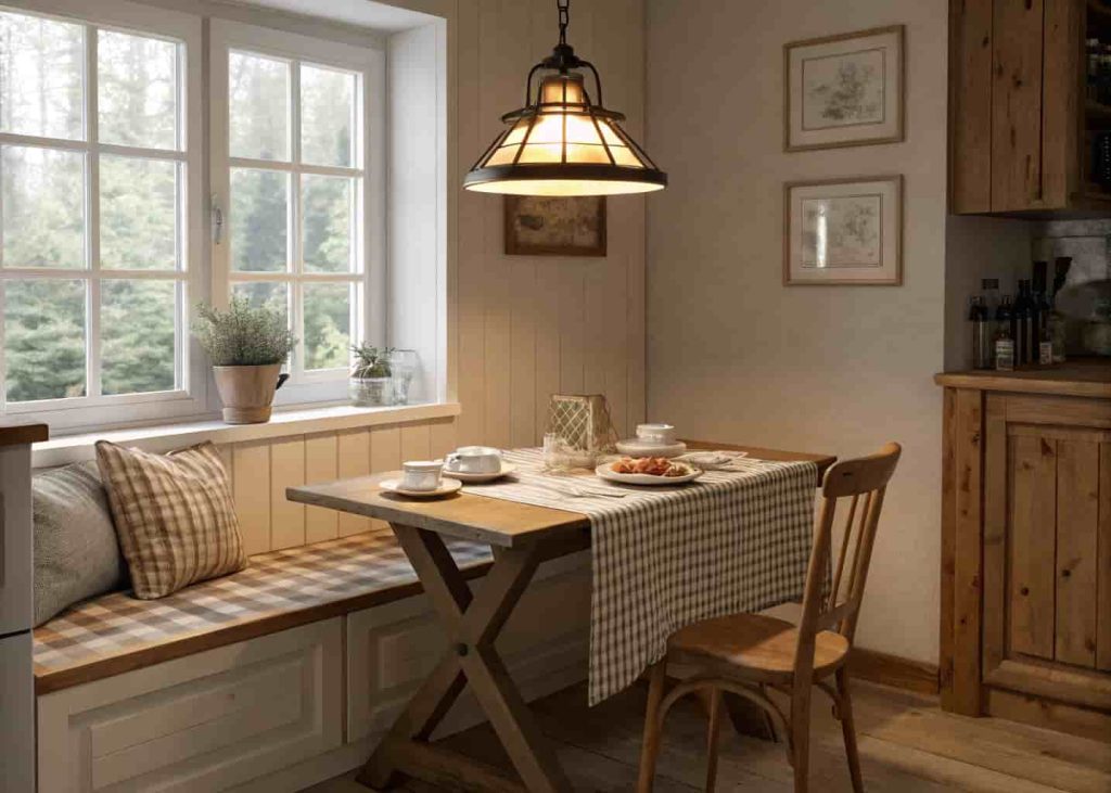 Vintage pendant light hanging over small breakfast nook table