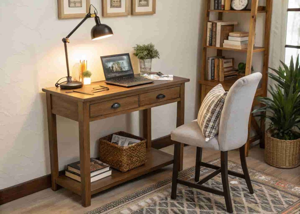 Console table used as a small workspace in an apartment