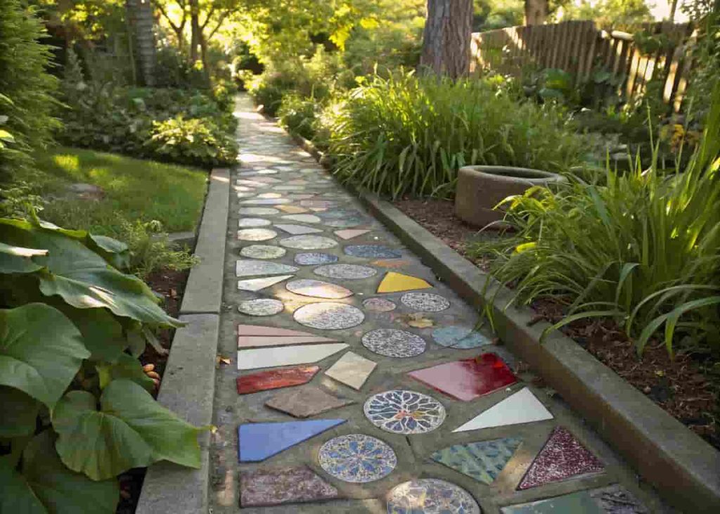 Garden walkway made from broken colorful ceramic plates embedded in cement with green plants alongside