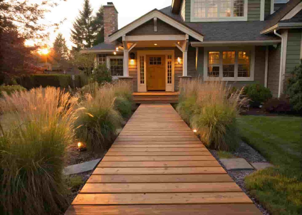 Wooden boardwalk style front walkway with ornamental grasses leading to cottage home front door