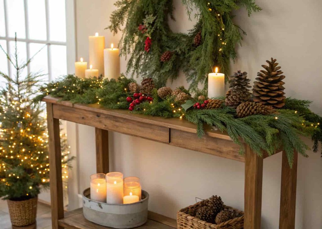 Festive winter holiday console table decorating with garland and candles