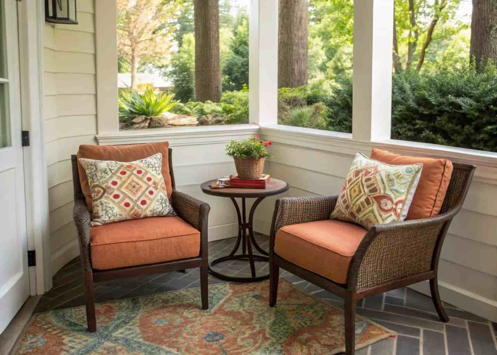 Cozy patio seating nook with cushions as garden decor inspiration.