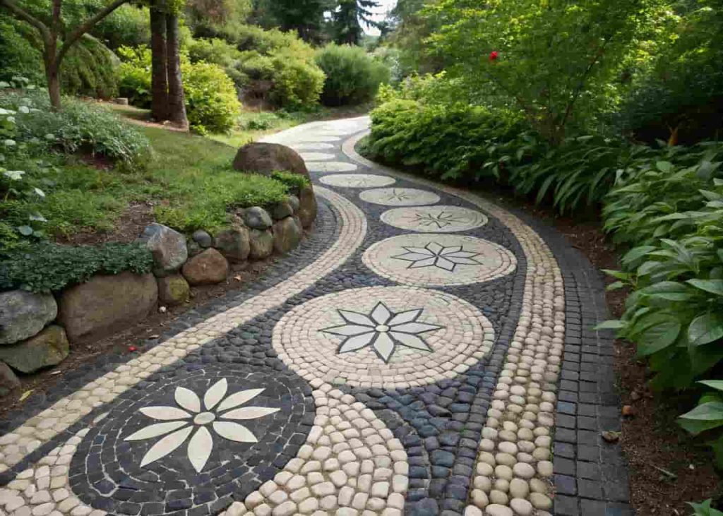 Black and white pebble mosaic garden path with swirl patterns surrounded by green plants