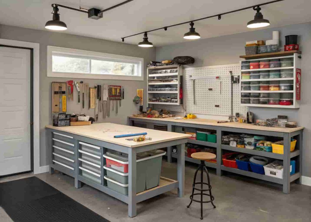 Garage corner converted into a hobby workspace with large table, shelving for supplies, and bright overhead lighting