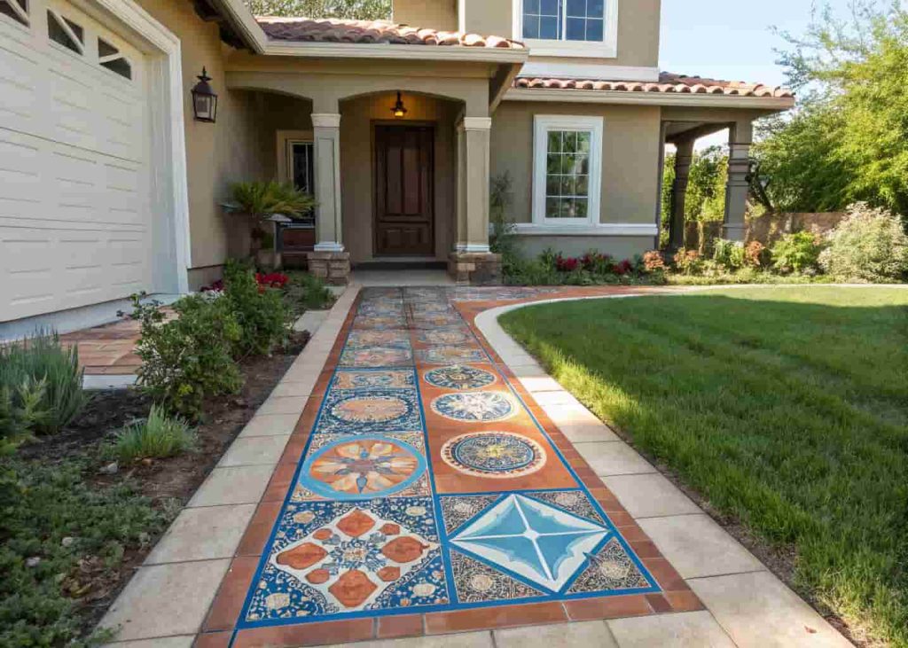 Mosaic tile accent walkway with colorful geometric pattern leading to home front door