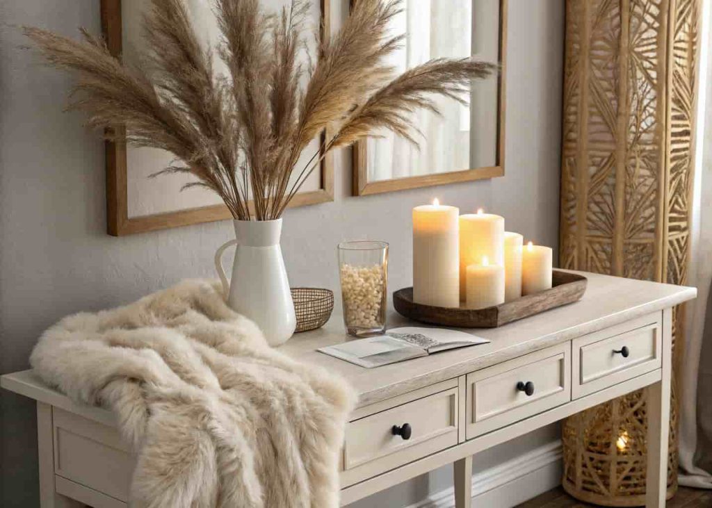 Quiet winter whites and neutrals console table decorating
