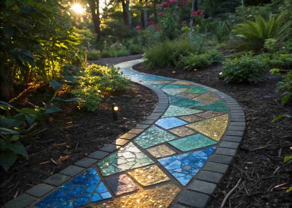 Sparkling colorful glass tile mosaic garden path with sunlight reflections and surrounding greenery