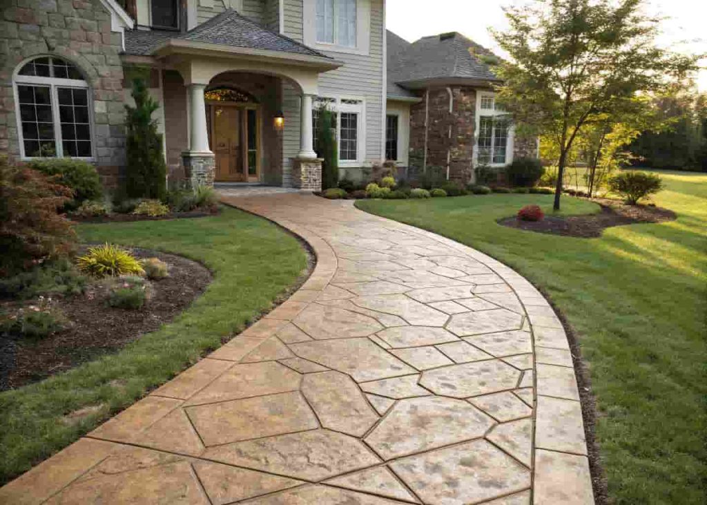 Stamped concrete cobblestone pattern walkway in warm sandstone tones leading to home front door