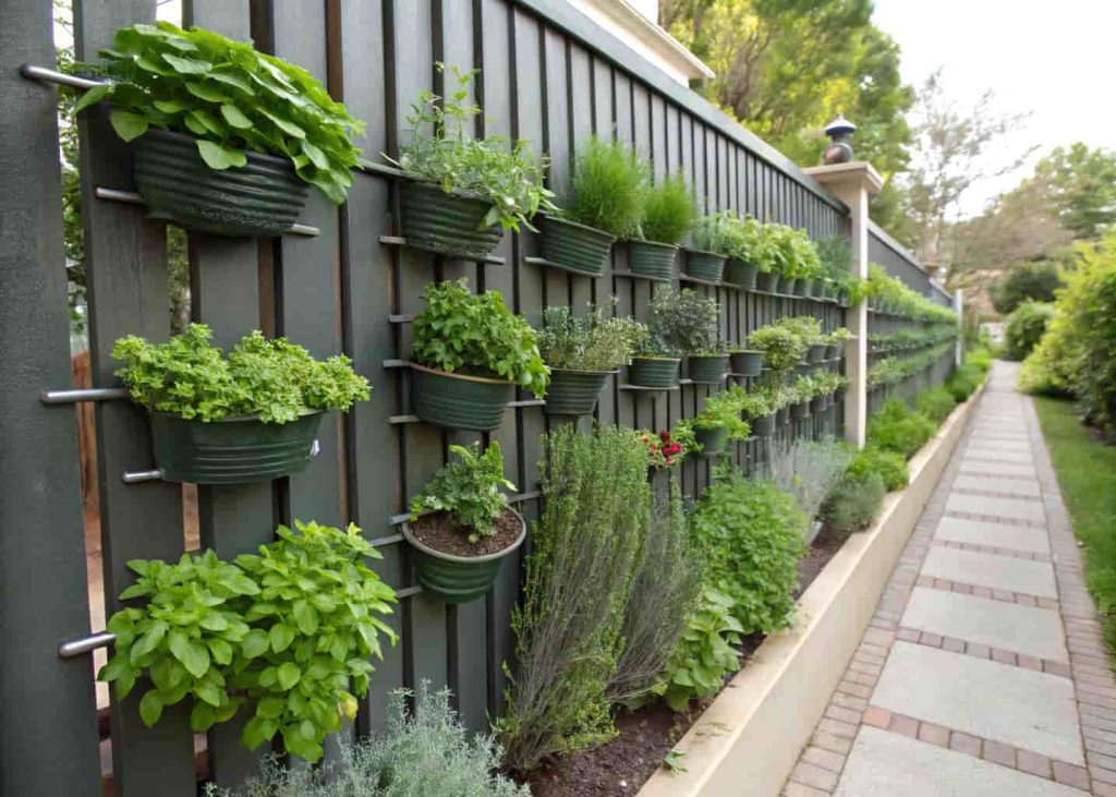 Vertical garden wall used as space-saving garden decor on a patio.