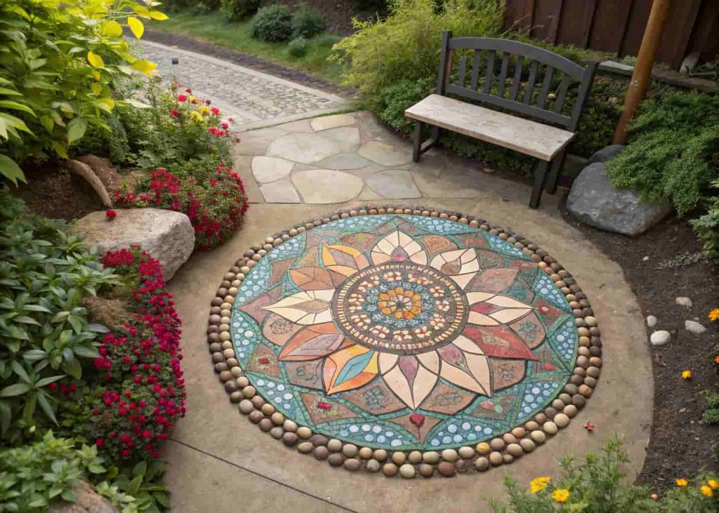 Circular mandala mosaic garden centerpiece made from colorful tiles and pebbles viewed from above