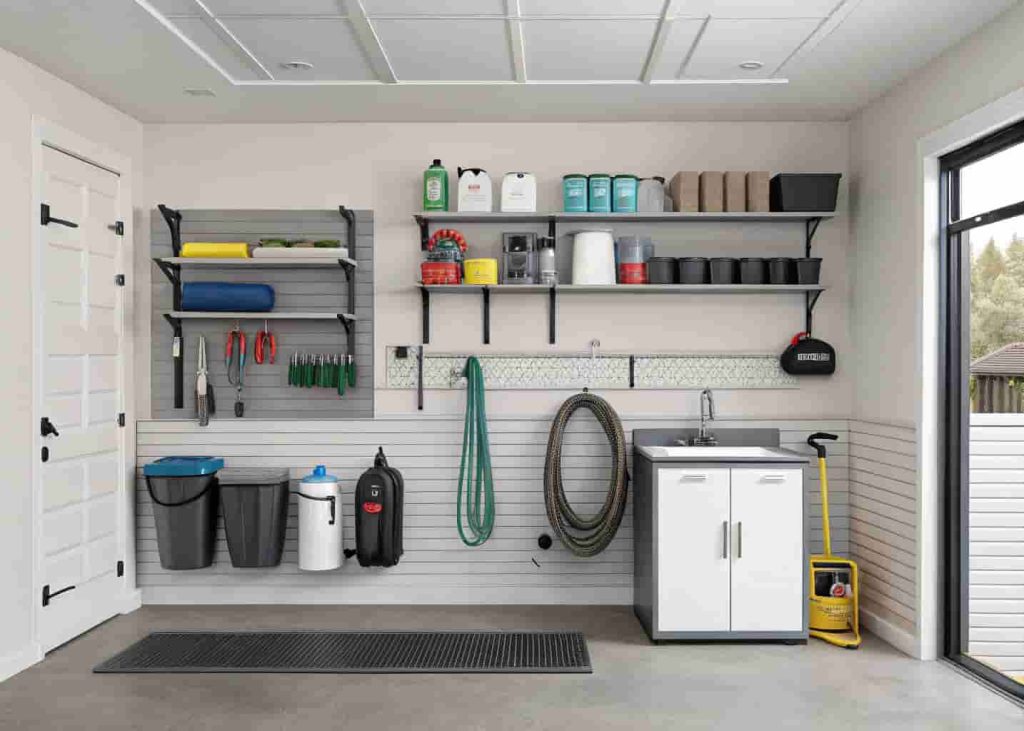 Garage car care station with organized shelves of cleaning products, hose storage, pressure washer, and utility sink