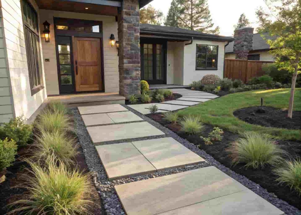 Mixed material front yard walkway with concrete pavers and dark decomposed granite leading to front door