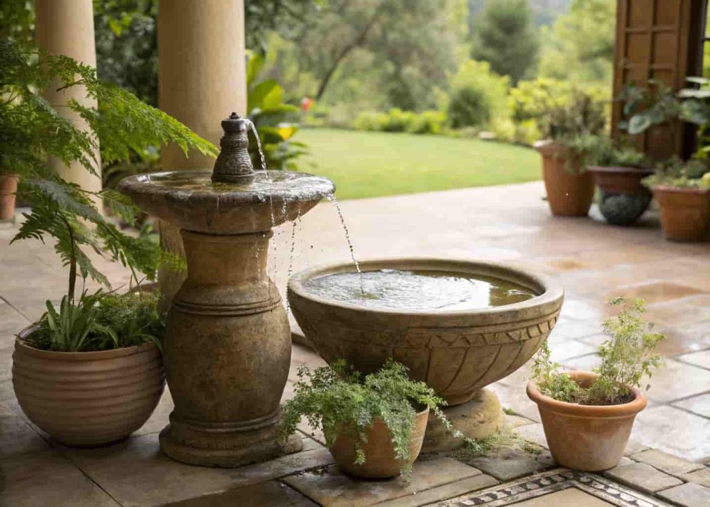 Small water fountain adding calming sounds to patio garden decor.