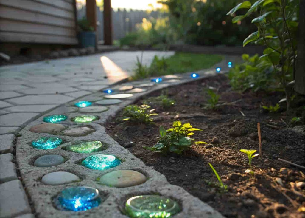 Garden path with colorful glass bottle bottoms embedded in cement glowing in sunlight