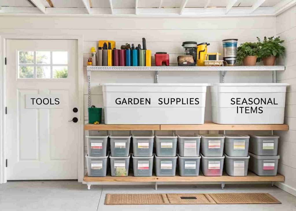 Organized garage shelving with labeled clear storage bins sorted by category including tools, garden supplies, and seasonal items