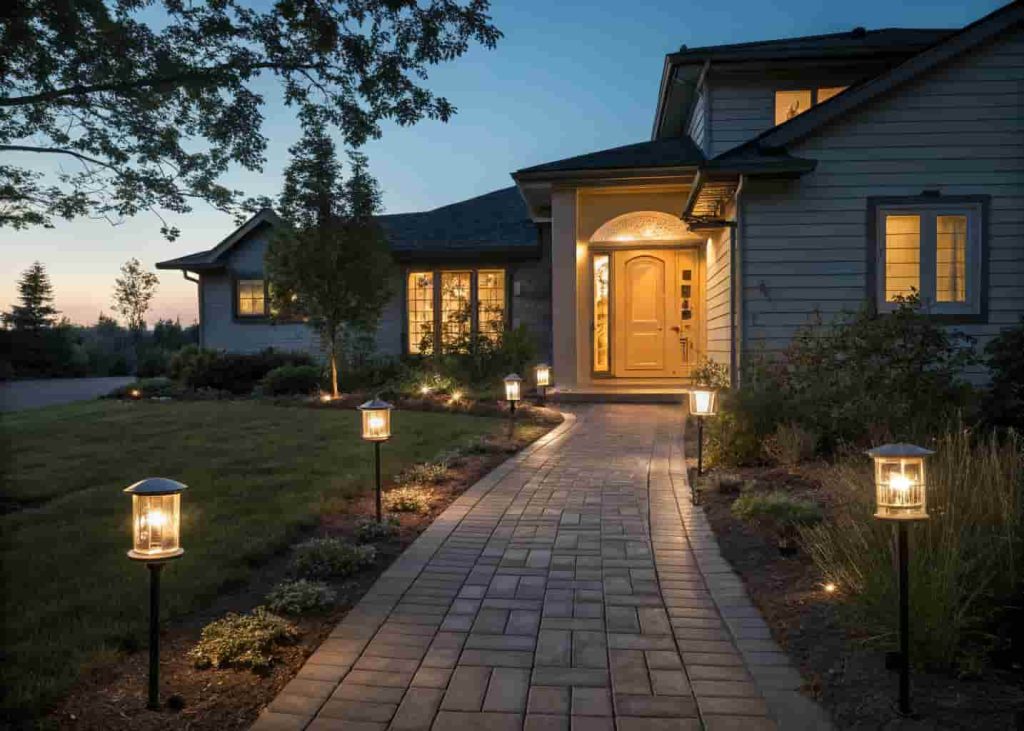 Front yard paver walkway with glowing solar stake lights on both sides leading to home front door at dusk