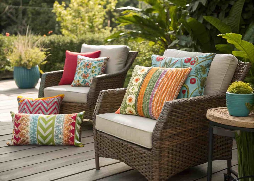 Colorful throw pillows used as easy garden decor for patio chairs.