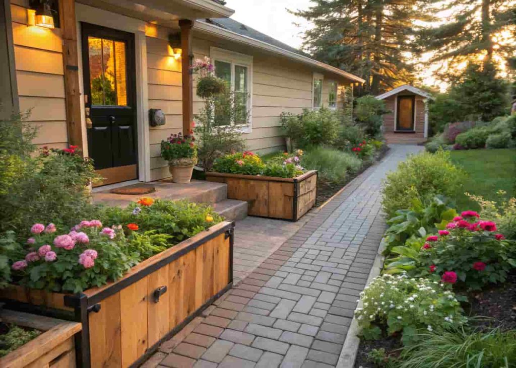 Front yard walkway with raised garden beds full of flowers on both sides leading to home front door