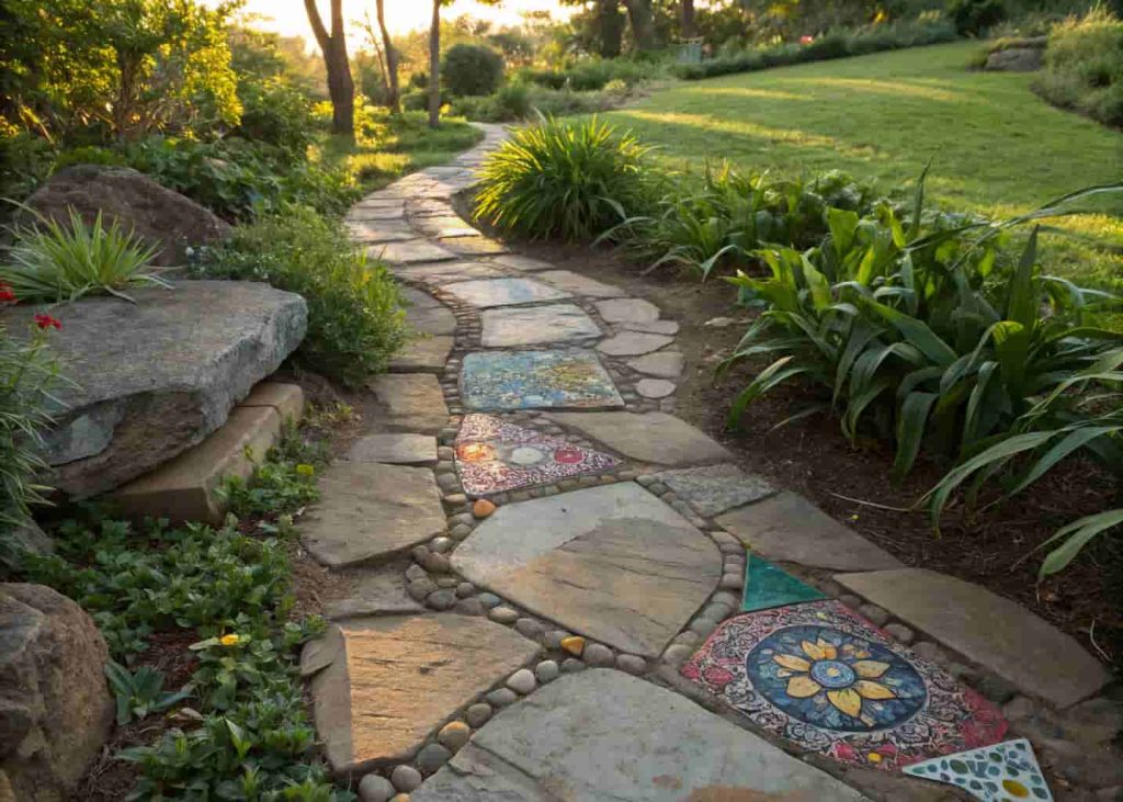 Flagstone garden path with colorful mosaic tiles filling the gaps between stones bordered by green plants